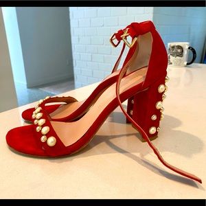 Stuart Weitzman red suede heels with pearls comfortable block heel worn TWICE!!!